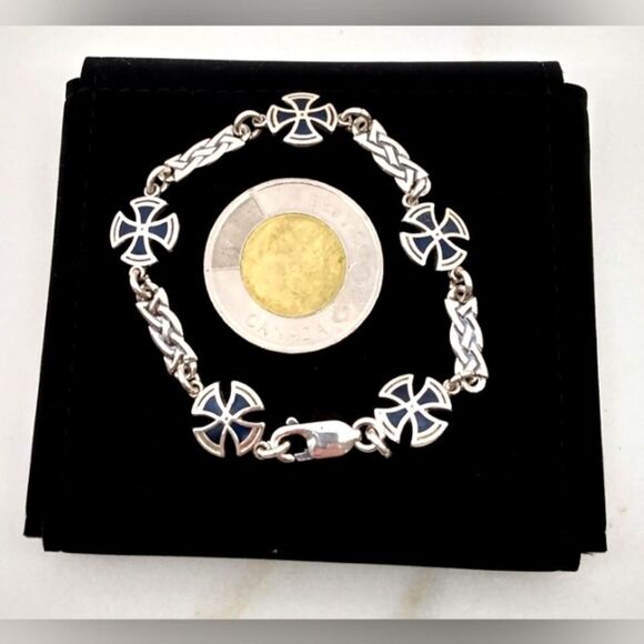 Sterling Silver 925 Maltese Cross  Blue Enamel Bracelet Vintage - Picture 8 of 14